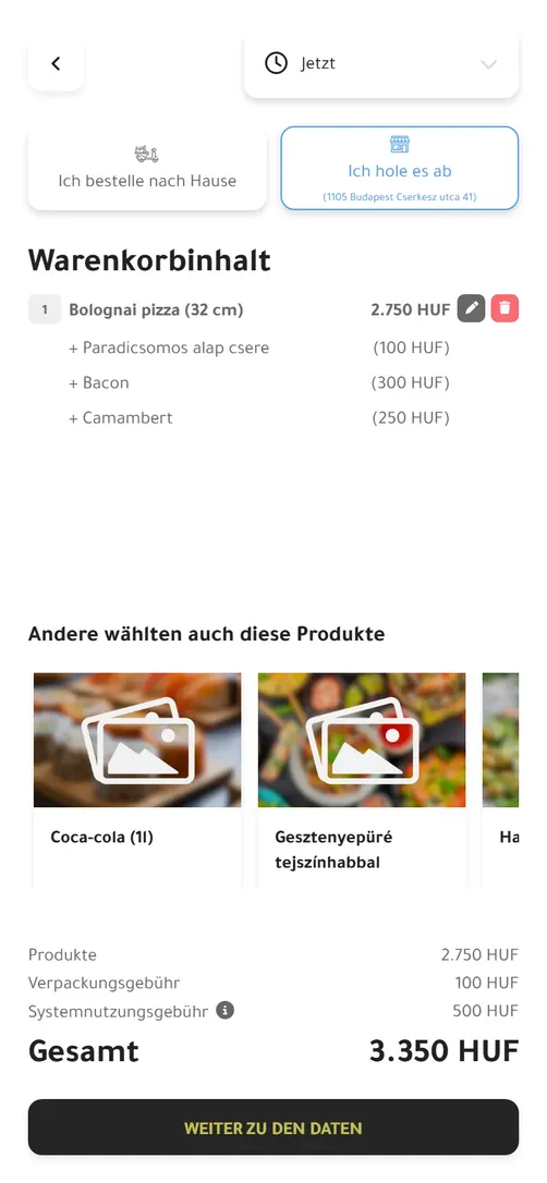 Warenkorb mit Toppings, Warenkorbangeboten, Verpackungs- und Systemnutzungsgebühr
