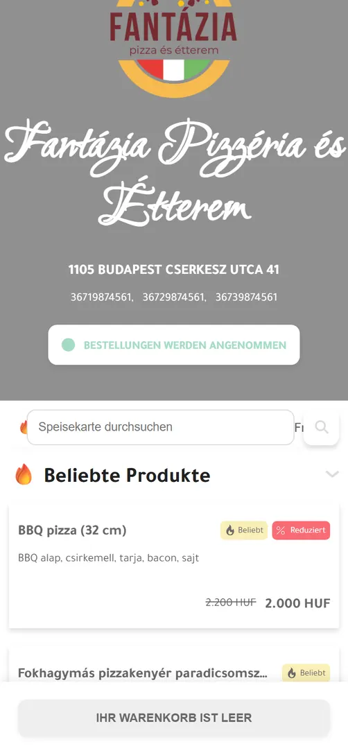 Die Speisekarte des Demo-Restaurants auf dem Smartphone, mit beliebten Produkten