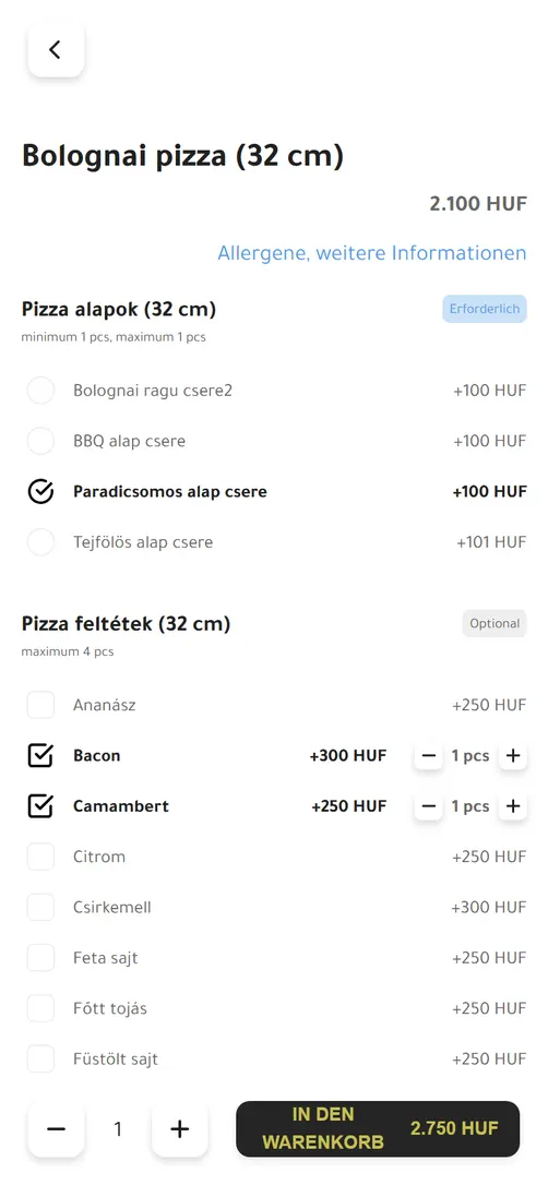 Produkt mit Toppings: verpflichtender Pizzaboden und optionale Toppings mit Aufpreis