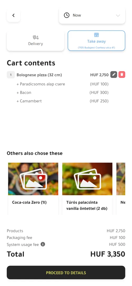 Cart with toppings, cart offers, packaging fee and system usage fee
