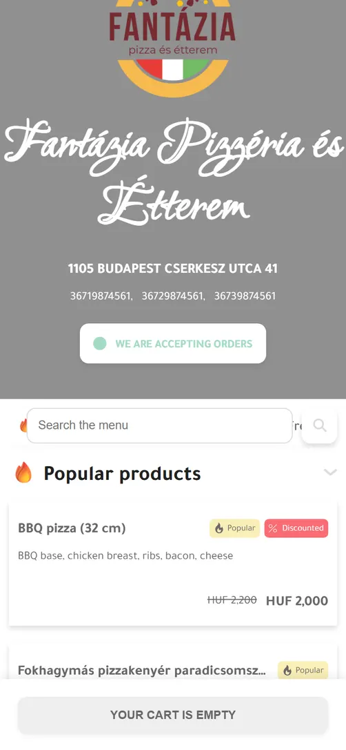The demo restaurant's menu on a phone, with popular products