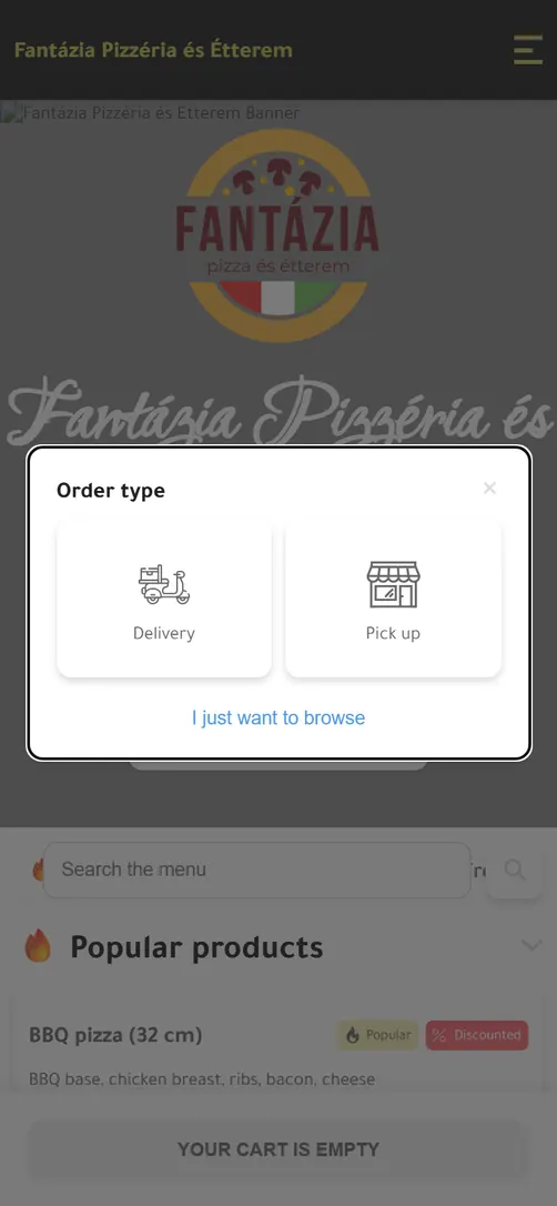 Order type: Delivery or Pick up