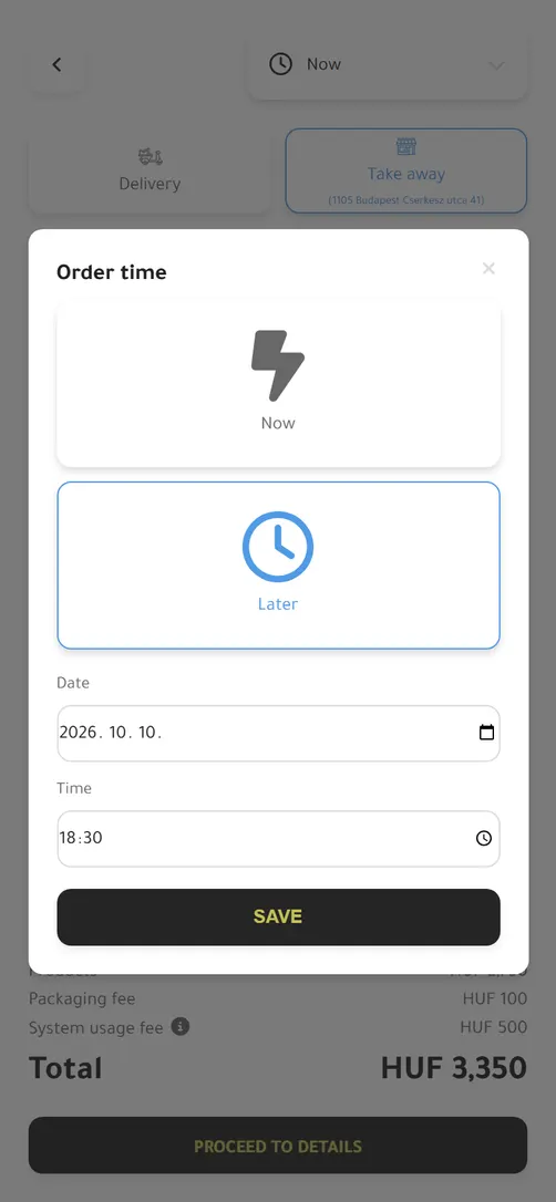 Order time: Now or Later, with date and time
