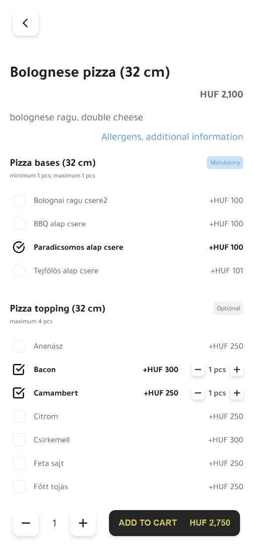 Product with toppings: a mandatory pizza base and optional toppings with surcharges