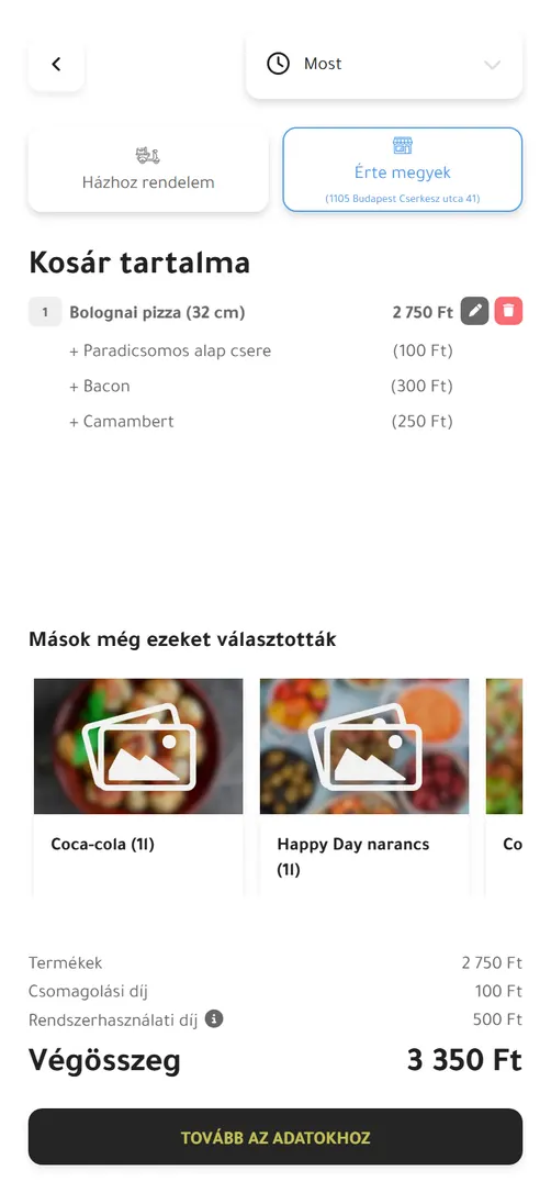 Kosár feltétekkel, kosárajánlattal, csomagolási és rendszerhasználati díjjal
