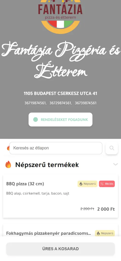 A bemutató étterem étlapja mobilon, a népszerű termékekkel