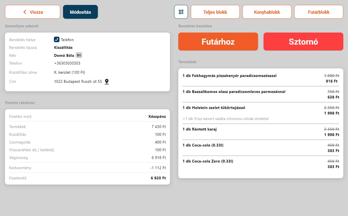 Order details: customer data, products with toppings, kitchen and courier ticket printing