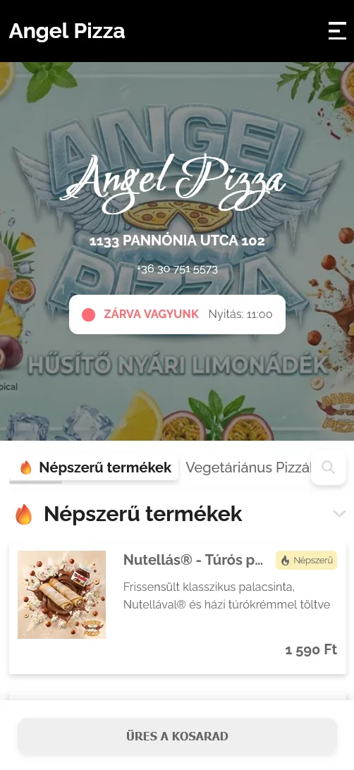 Angel Pizza saját rendelőoldala mobilon