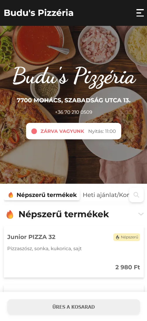 Budu's Pizzéria saját rendelőoldala mobilon