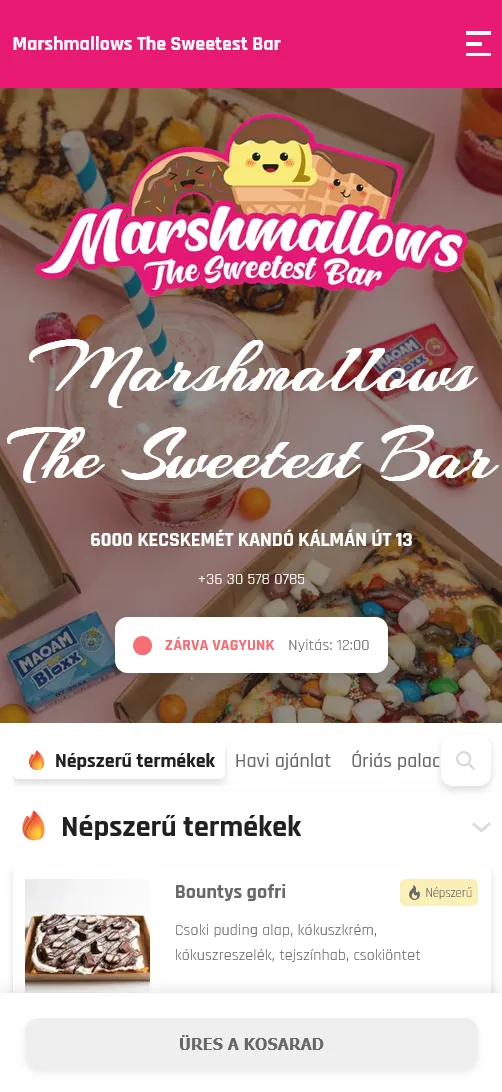 Marshmallows The Sweetest Bar saját rendelőoldala mobilon